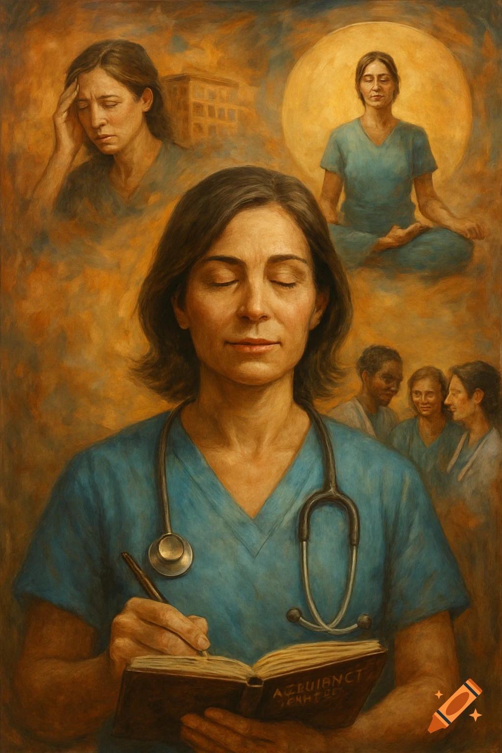 Painting of a nurse meditating and writing, with vignettes of stress and support.