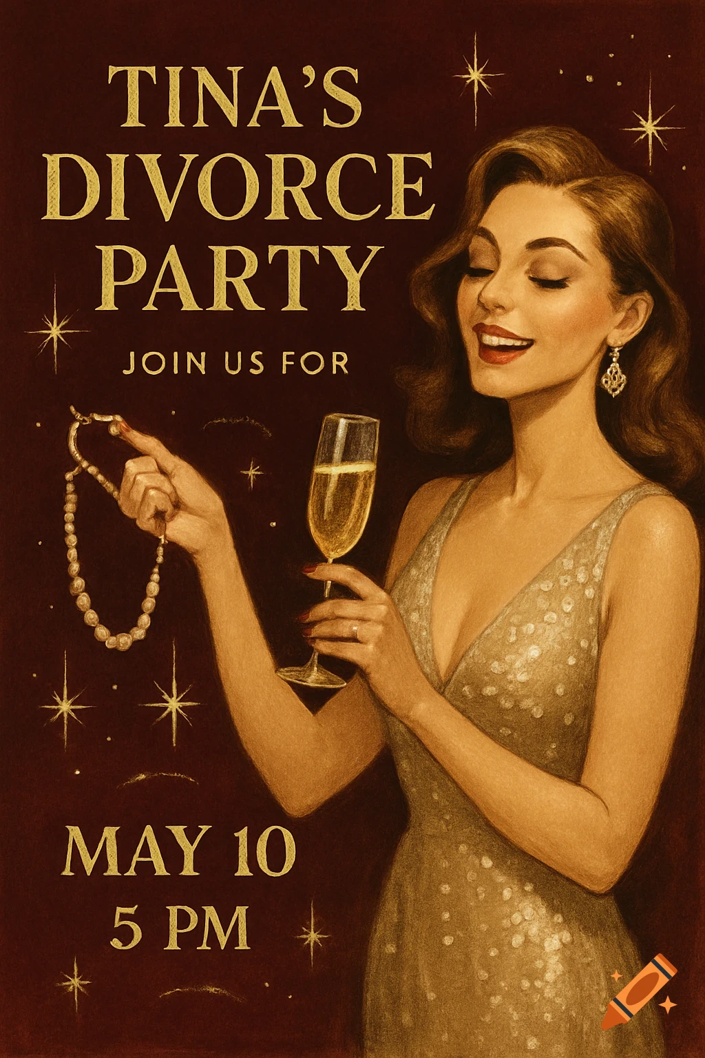 Vintage illustration of a woman on a 'Tina's Divorce Party' invitation poster.