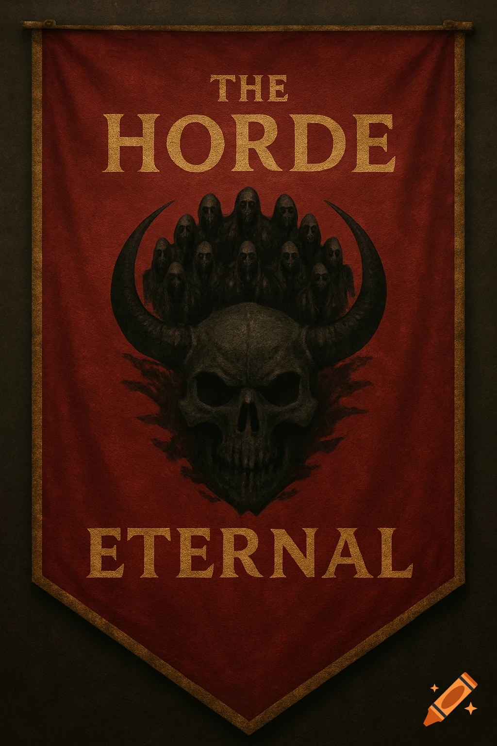 A dark fantasy banner featuring a skull with horns and a crowd of hooded figures, with the text "THE HORDE ETERNAL".