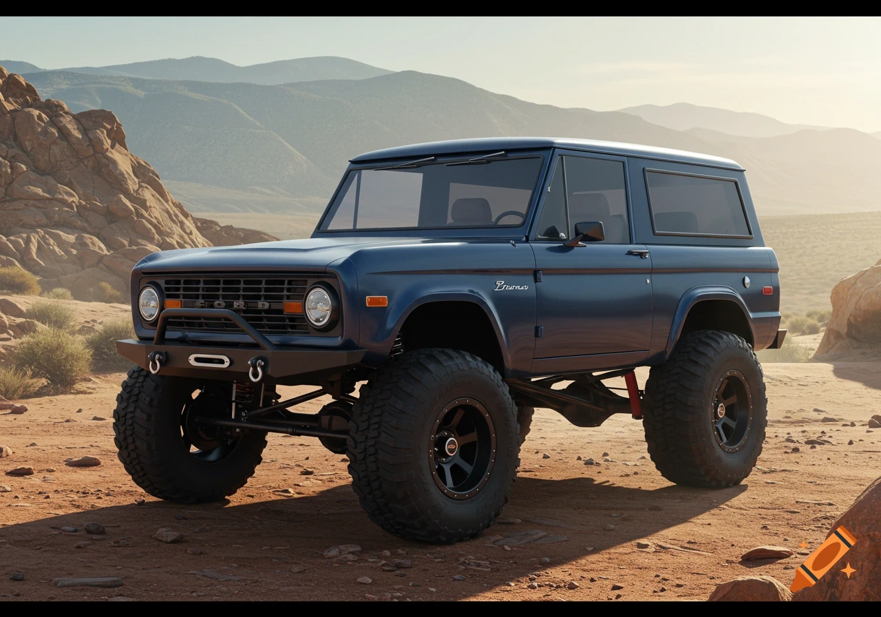 A blue lifted Ford Bronco with large tires sits in a desert landscape.