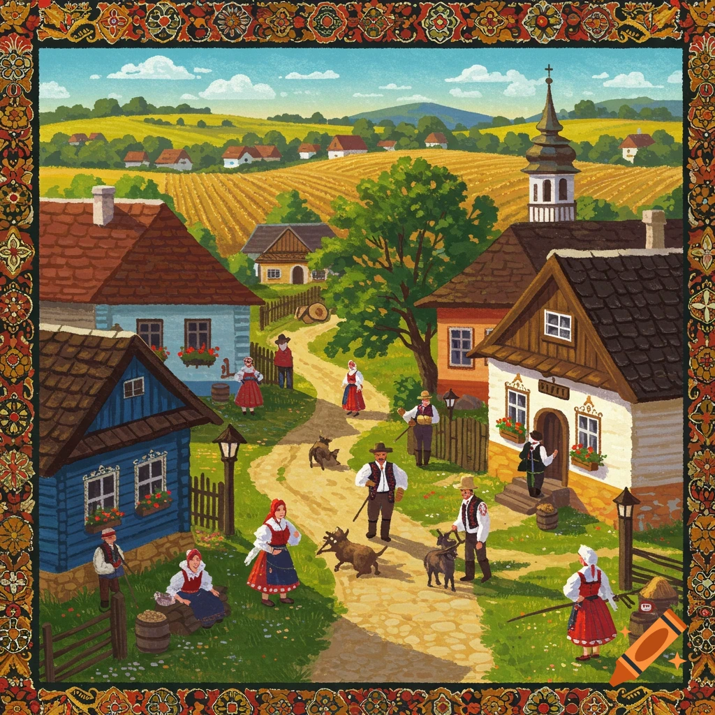 A folk art illustration of a rural Slovak village scene with people in traditional clothing and animals, bordered by a decorative pattern.