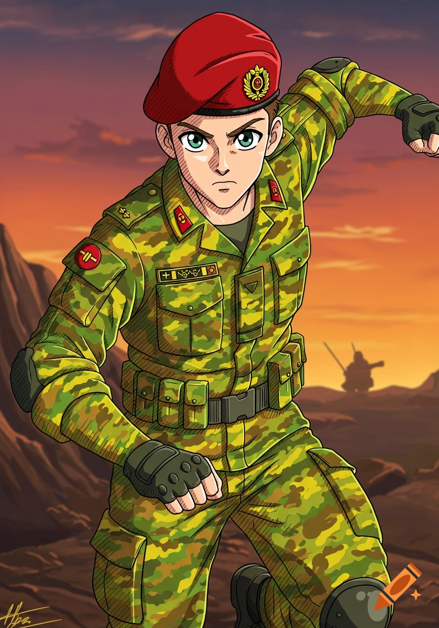 An anime drawing of a soldier in camouflage uniform and red beret against a desert sunset.