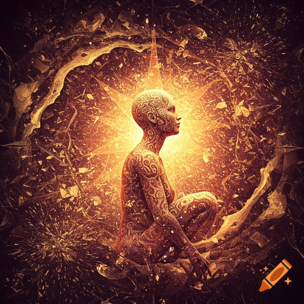 Stylized figure covered in patterns meditates in a glowing, shattered environment with a starburst behind.