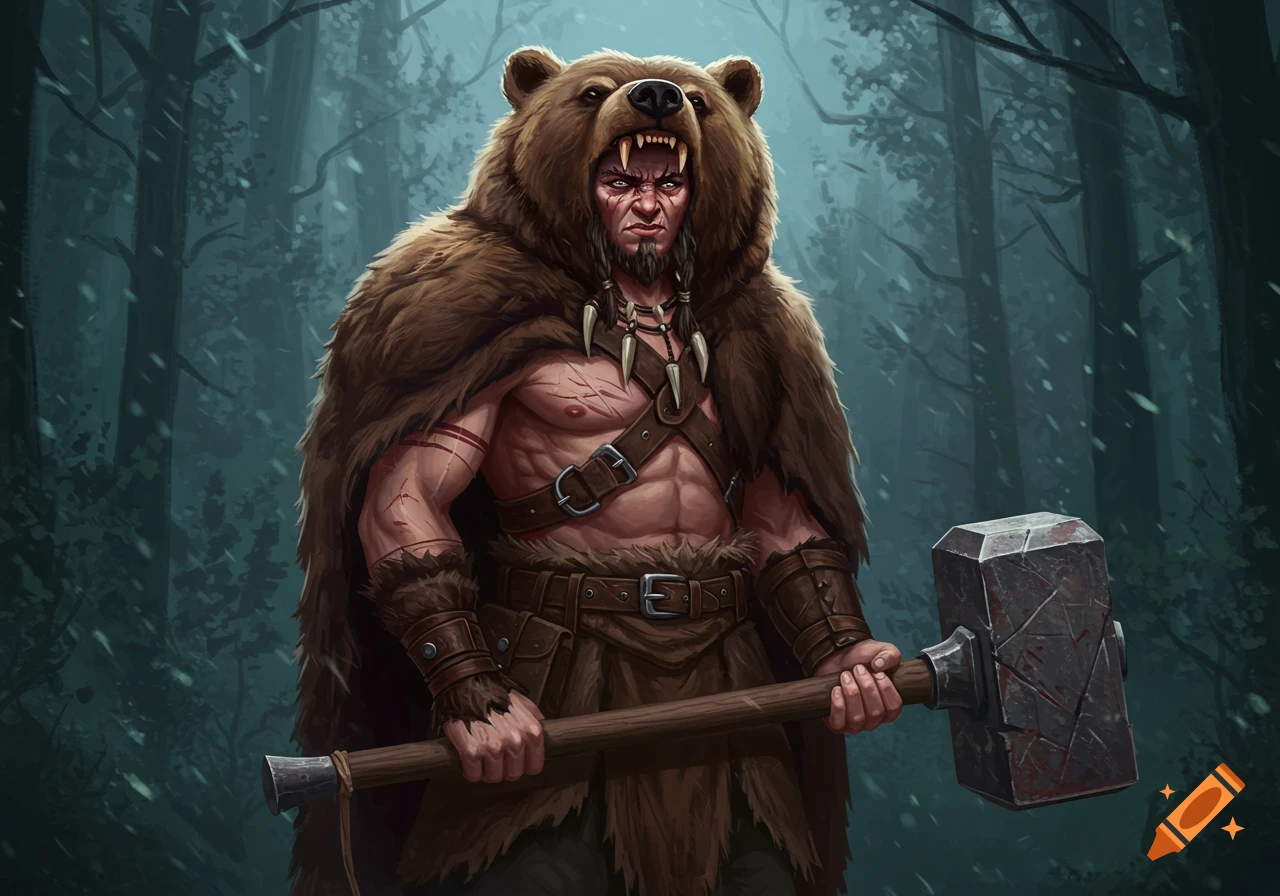 A muscular warrior in a bear skin cloak holds a large hammer in a dark ...