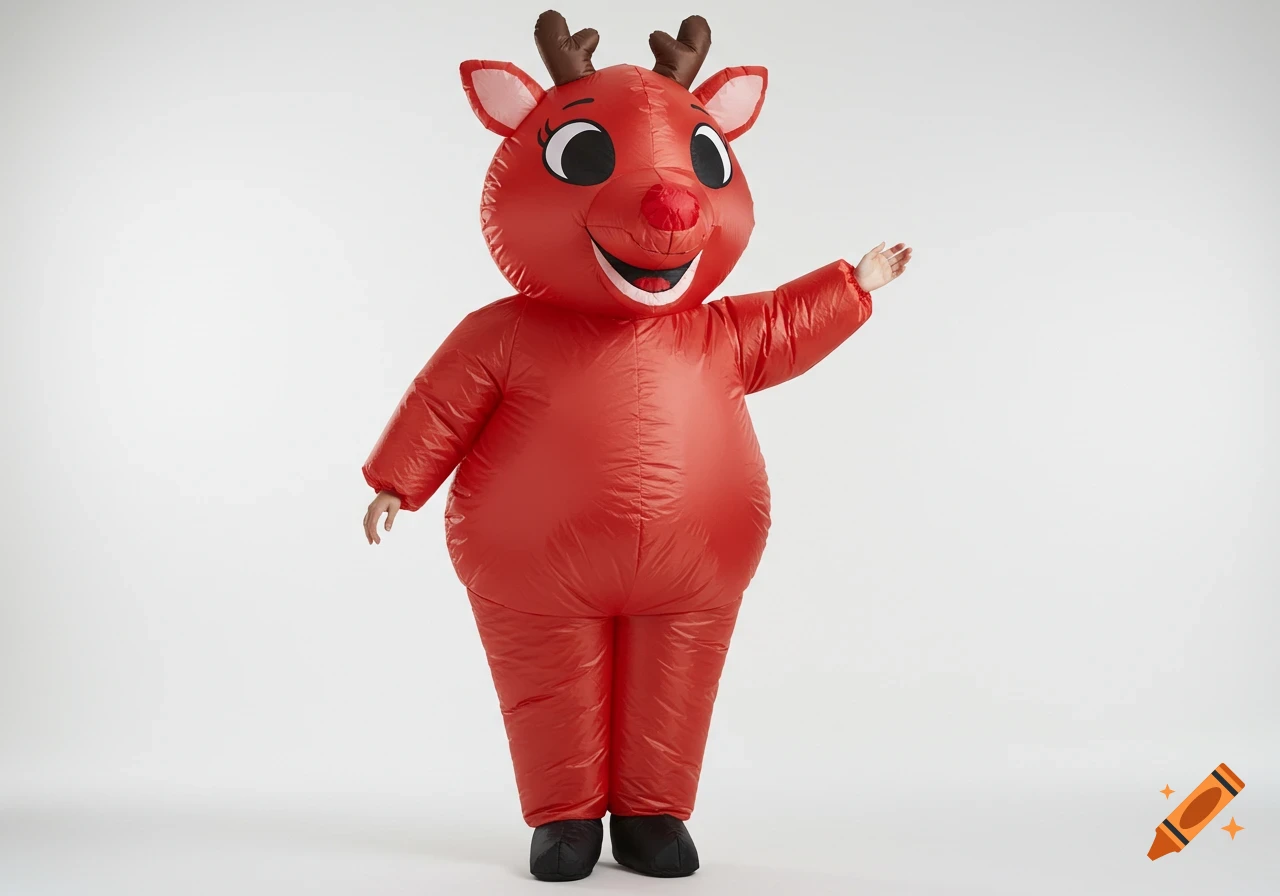 A person poses in a red inflatable reindeer costume.