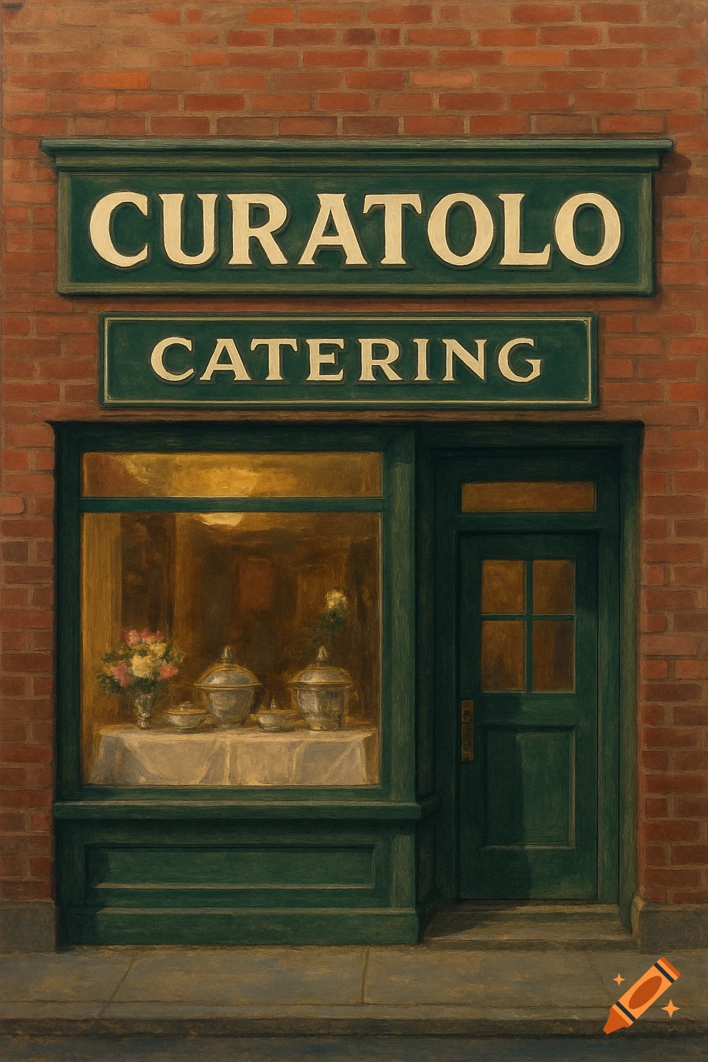 A painterly depiction of the facade of 'Curatolo Catering', a shop with brick walls, a large display window with catering dishes and flowers, and a dark green door.