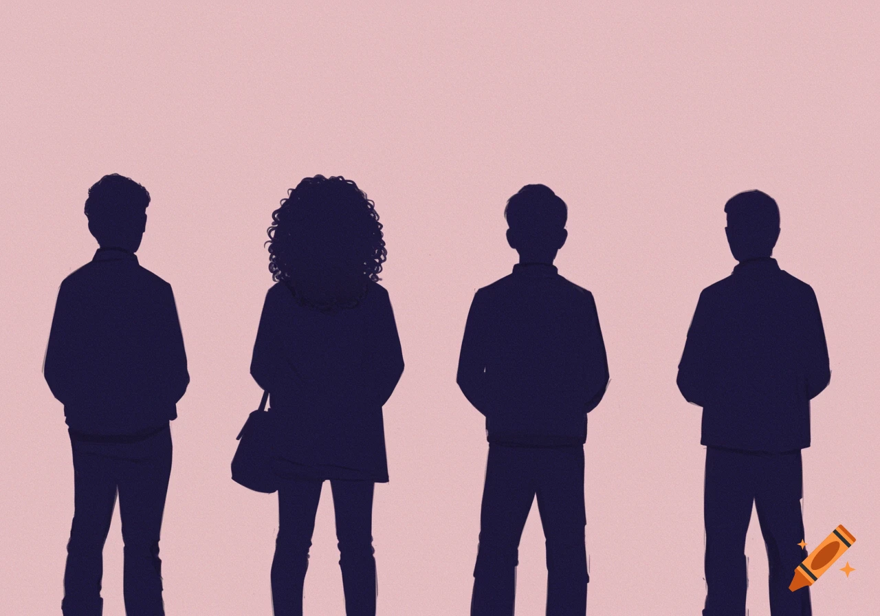 Illustration of four people's silhouettes standing and looking away against a pink background.