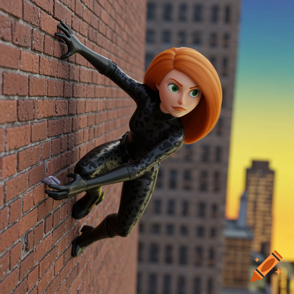 3D render of Kim Possible climbing a brick wall in a cheetah suit with a city background.