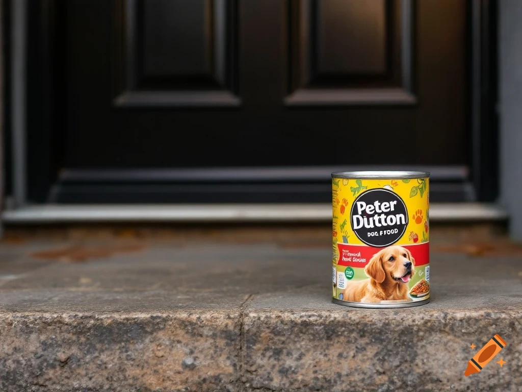A photorealistic can of "Peter Dutton" dog food on a concrete doorstep.