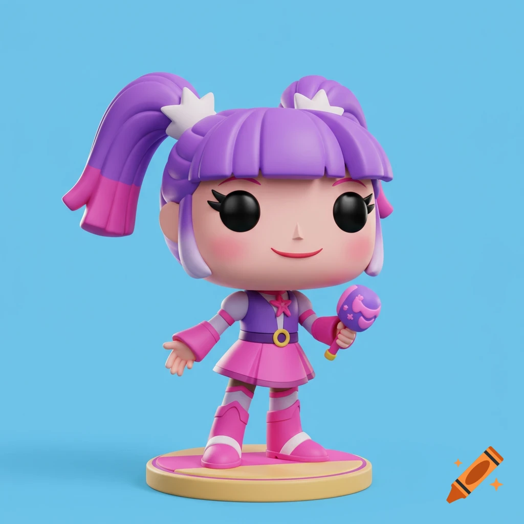 A pink and purple Funko Pop figure of a girl with pigtails holding a patterned object.