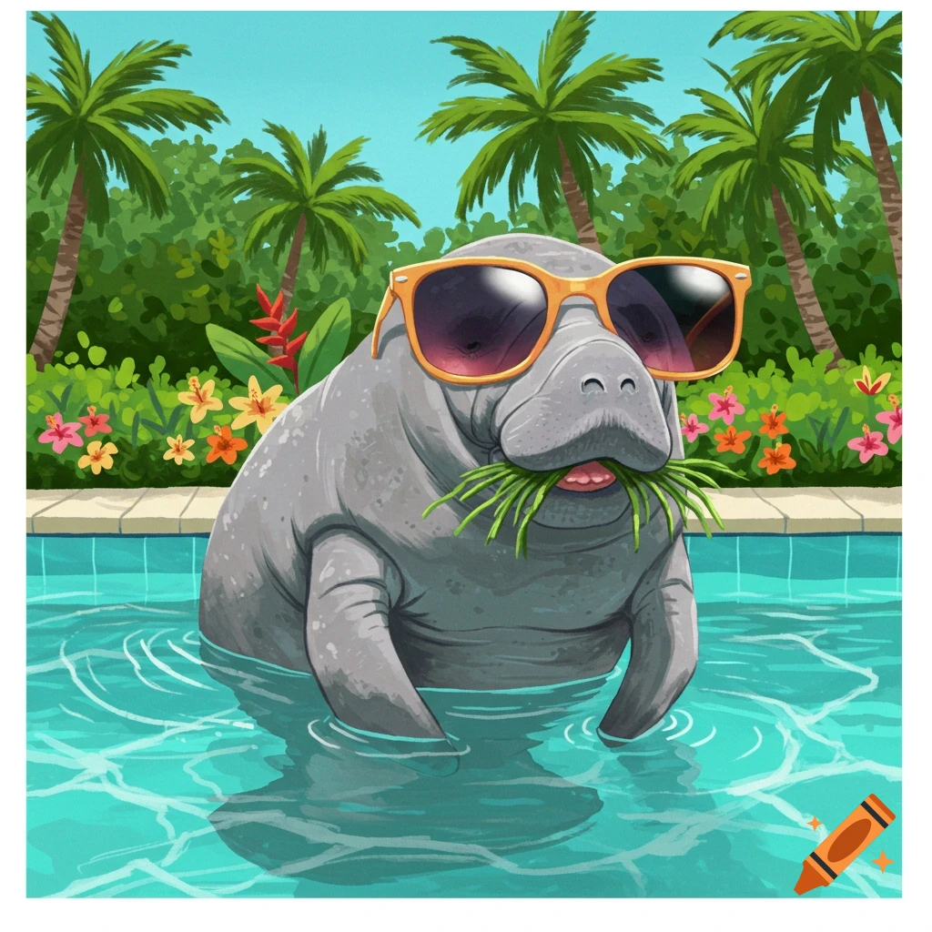Cartoon manatee wearing sunglasses in a pool, eating seagrass, with palm trees in the background.