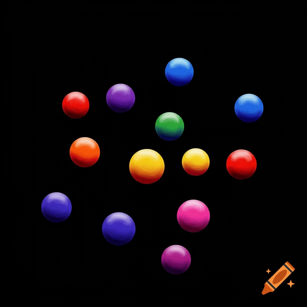 Colorful spheres scattered on a black background.