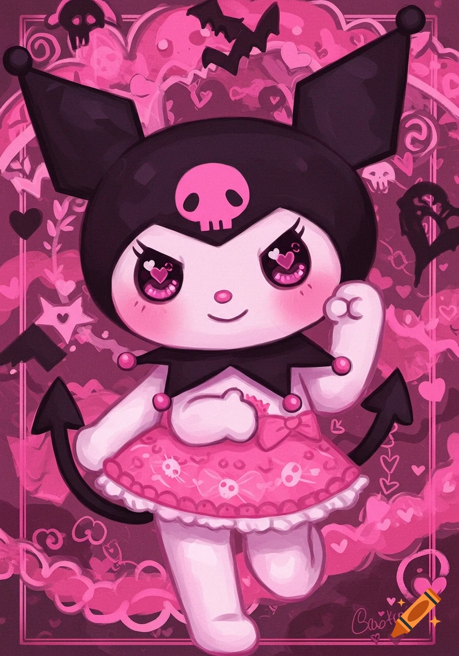 Pink gothic illustration of Kuromi with skulls, hearts, and bats.