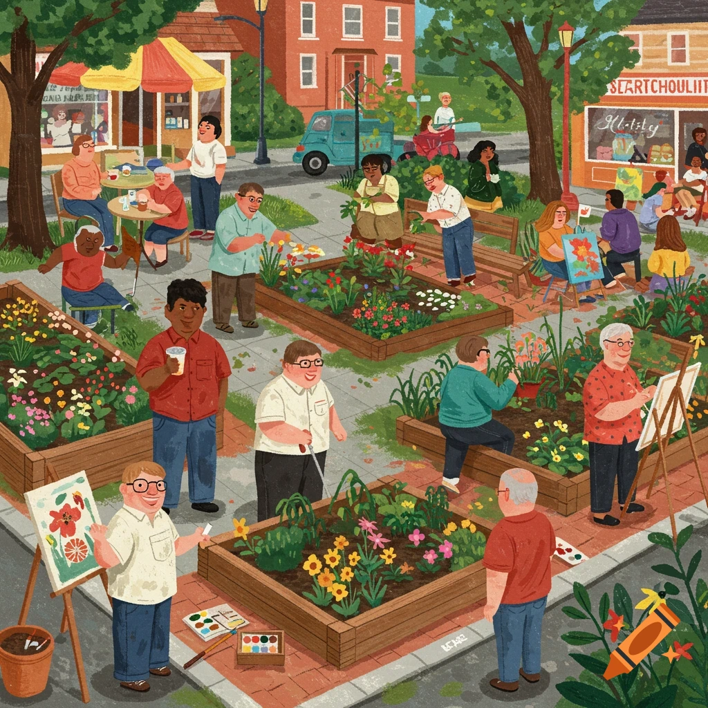 People gardening and painting in a community garden, illustration