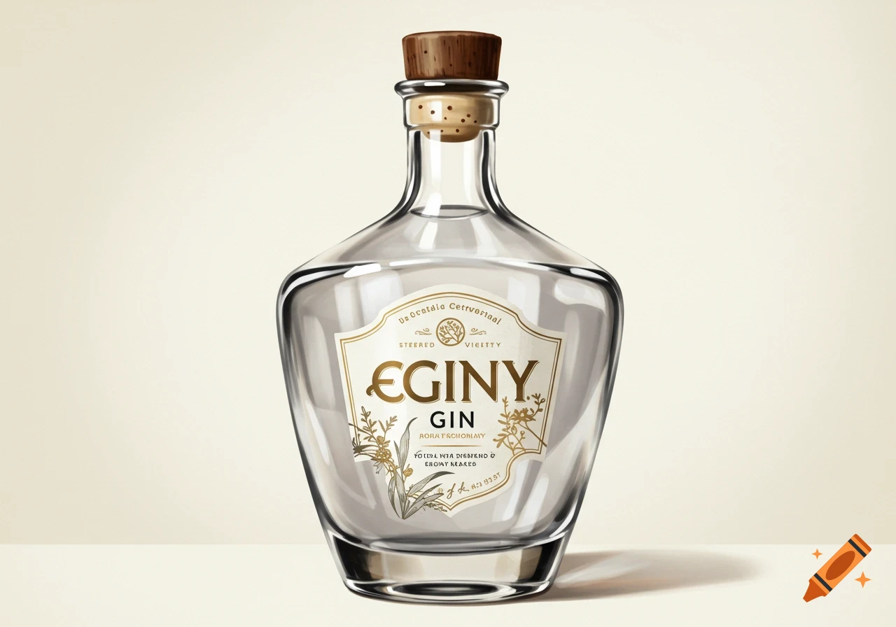 Glass gin bottle with a cork stopper and a label featuring gold lettering.