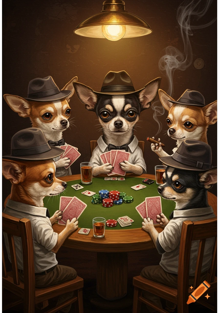 Several chihuahuas in hats and shirts play poker at a table with cards, chips, and drinks.