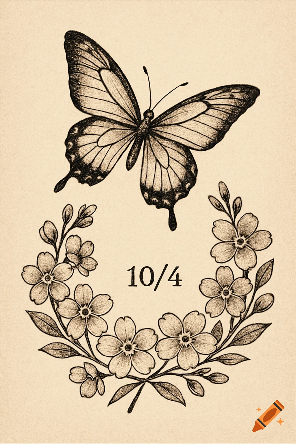 Drawing of a butterfly above a circle of flowers with 10/4 inside, tattoo style.