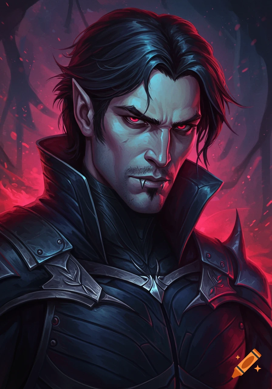 Portrait of a fantasy vampire character with red eyes and fangs wearing dark armor.