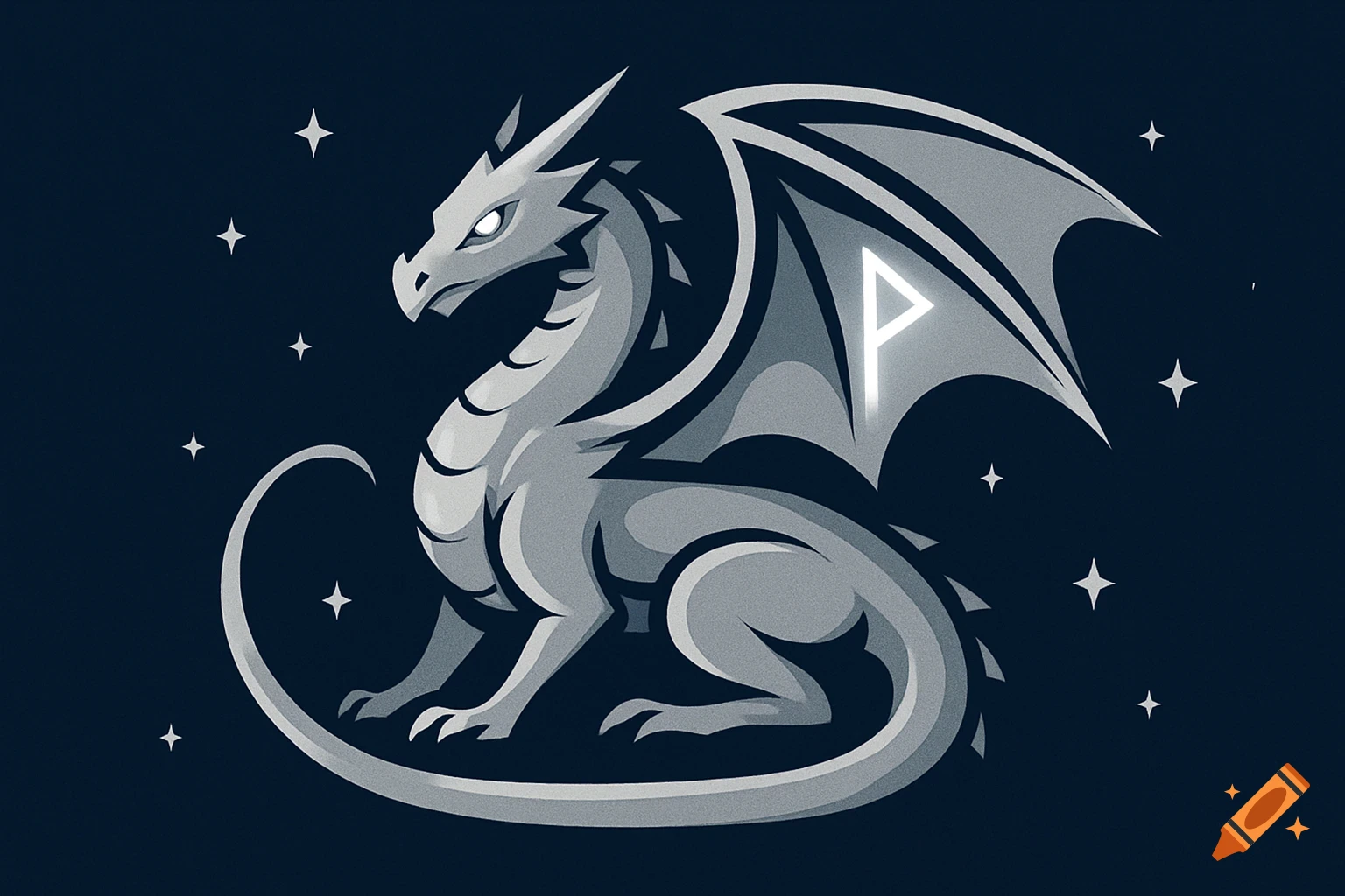 A silver dragon with a glowing rune on its wing against a dark blue starry background in vector art style.