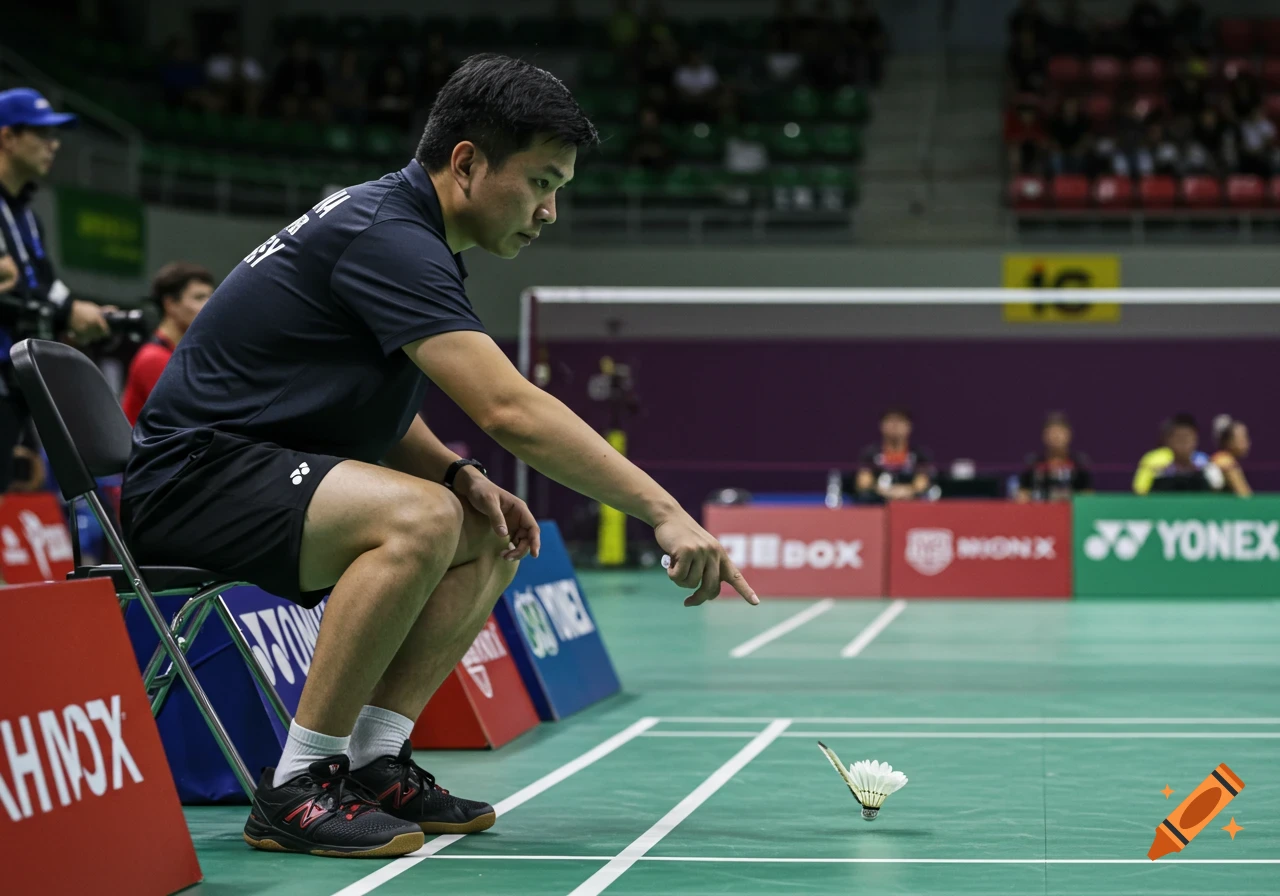 A badminton line judge points at a shuttlecock above the court line.