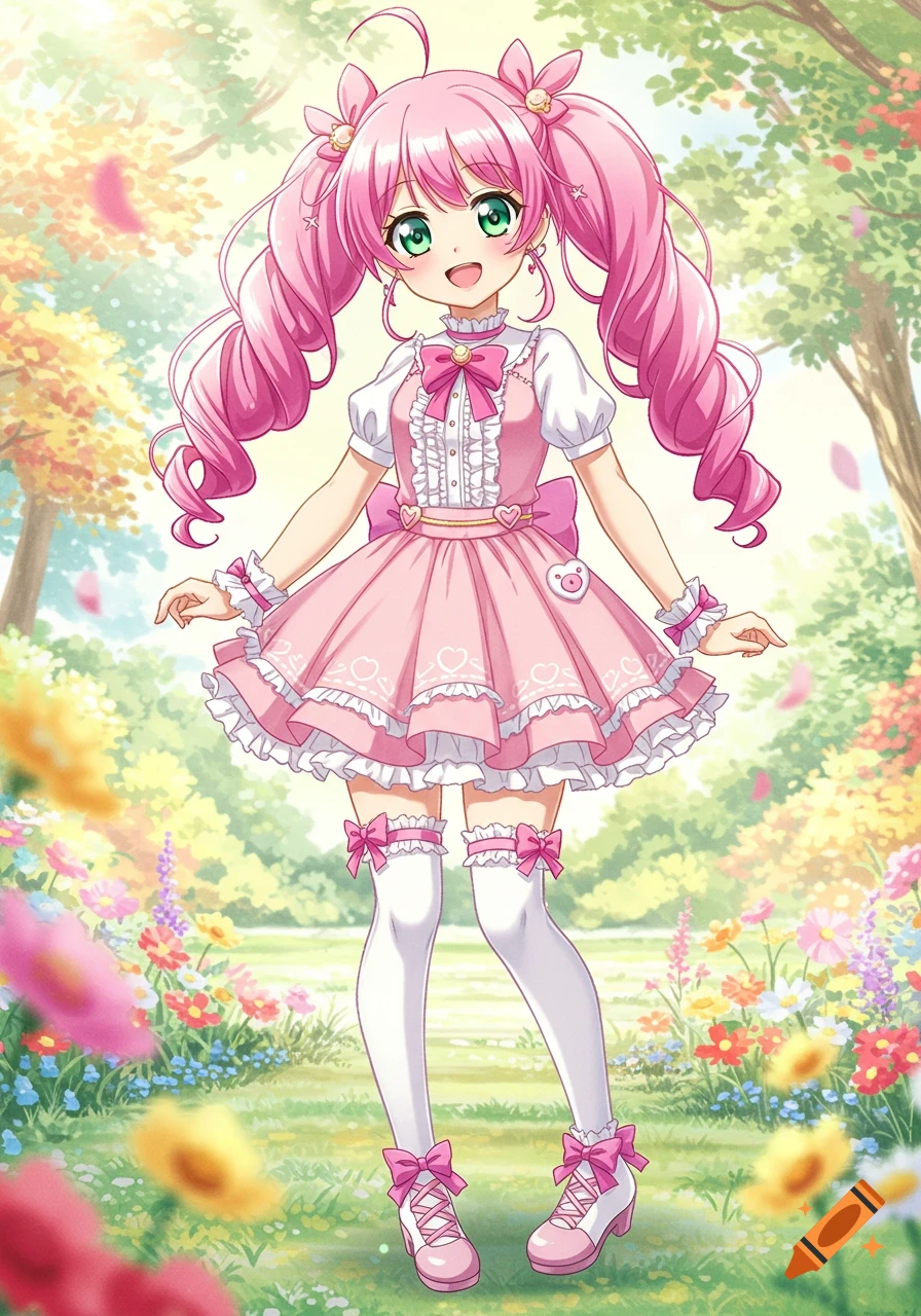 A cute anime girl with pink hair and pigtails in a pink dress stands in ...