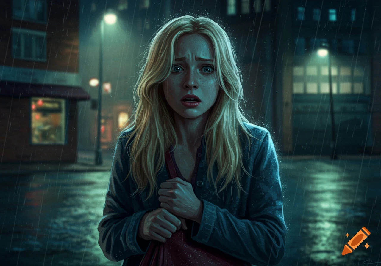 A scared woman stands in the rain at night in a city street.