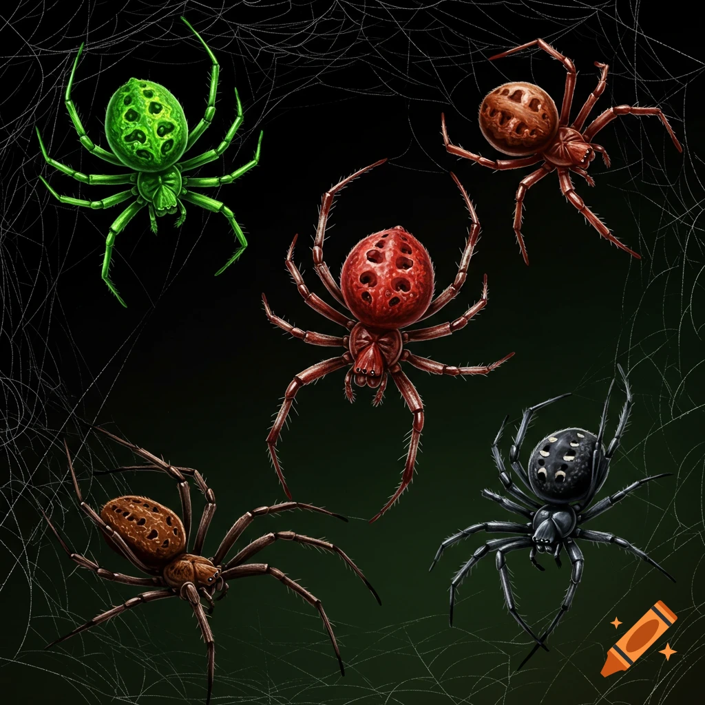 Illustration of five detailed spiders of different colors on spiderwebs.