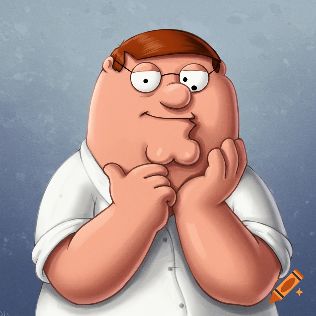 Cartoon portrait of Peter Griffin from Family Guy holding his hands near his chin.
