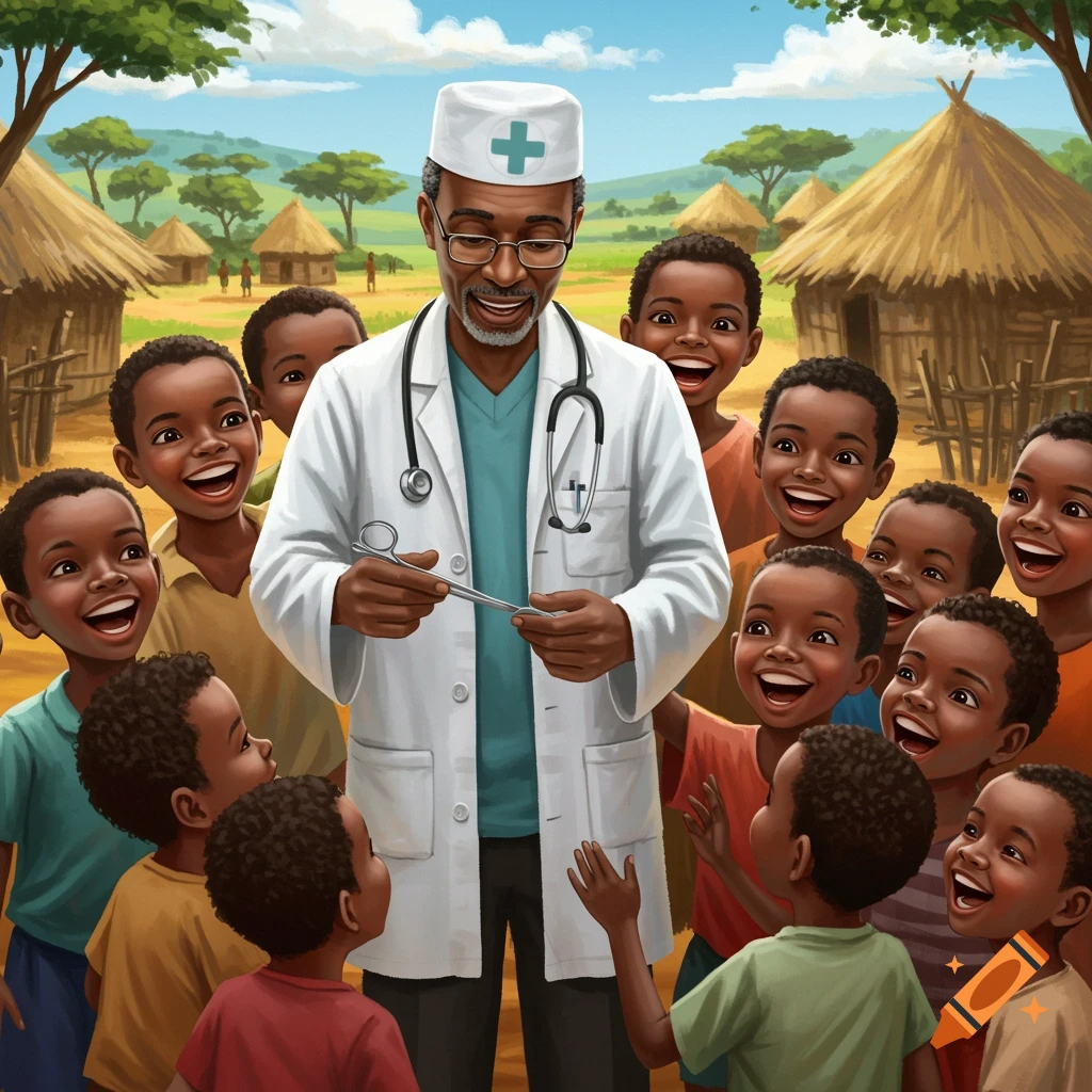 An African doctor shows a medical tool to a group of smiling children in a village.