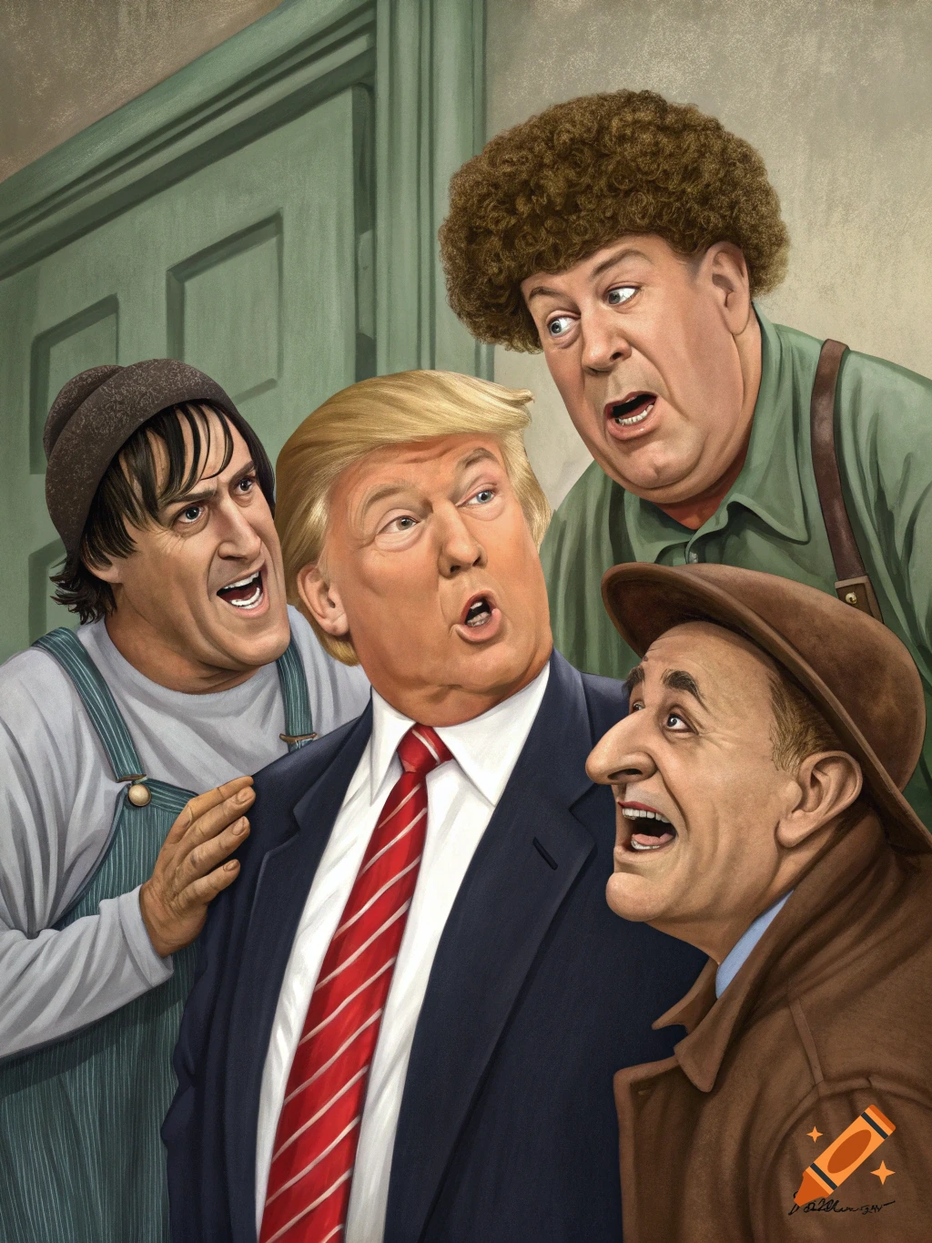 Caricature of Donald Trump looking surprised alongside three men resembling The Three Stooges.