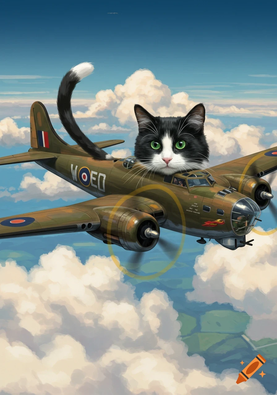 A black and white cat in the cockpit of a bomber plane flying through clouds.