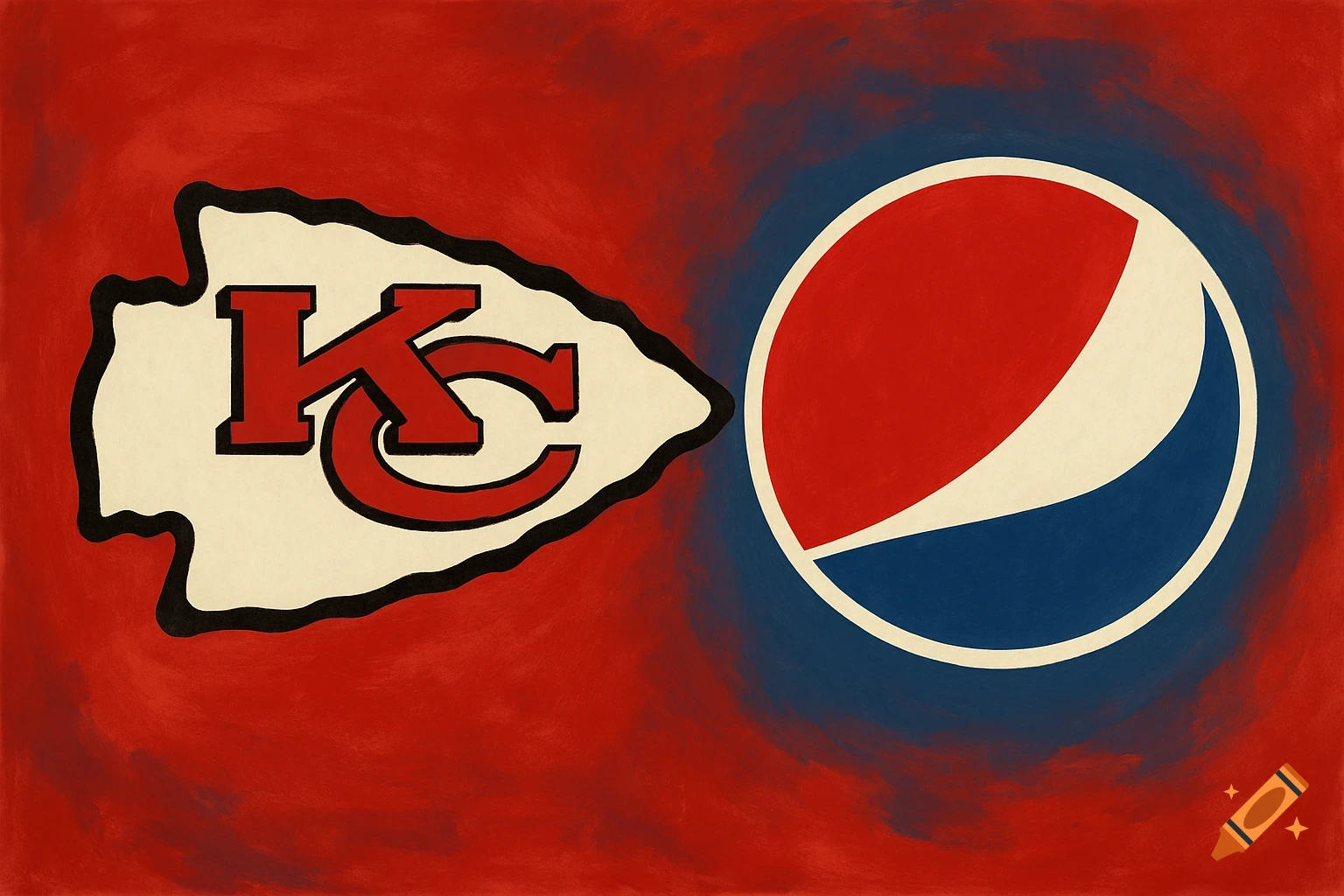 Kansas City Chiefs and Pepsi logos on red and blue background, painted style.