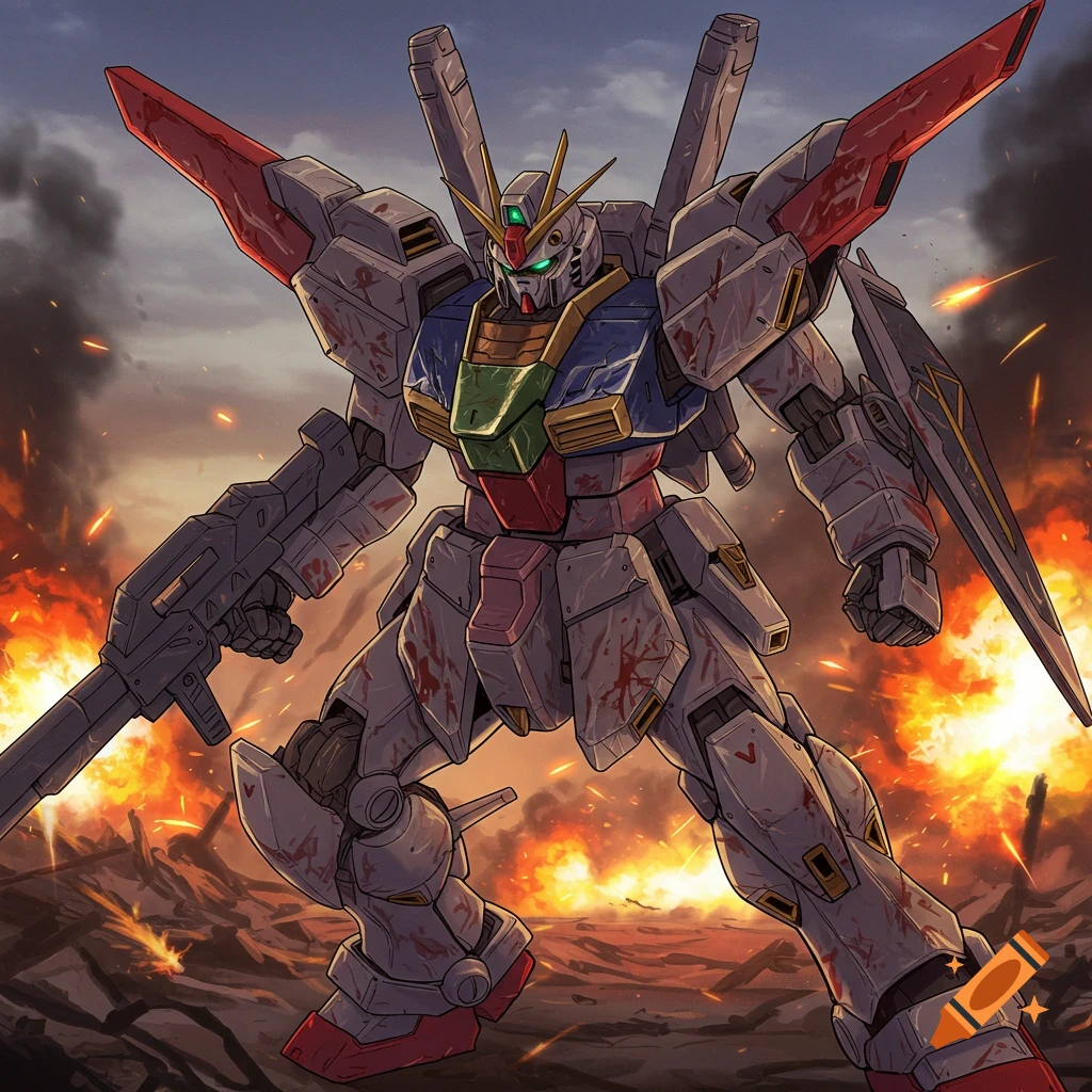 A damaged Gundam robot stands in a fiery battleground