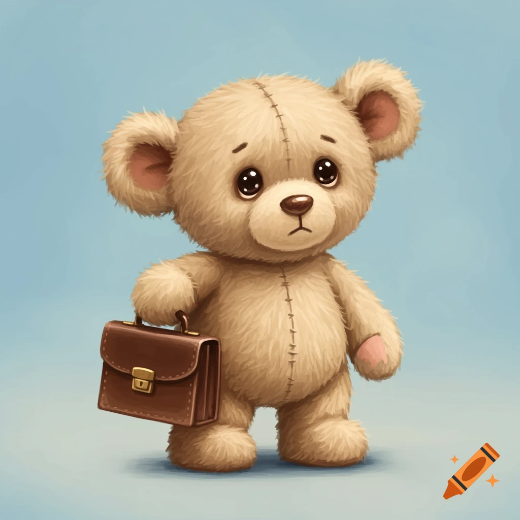Beige teddy bear holding a briefcase.