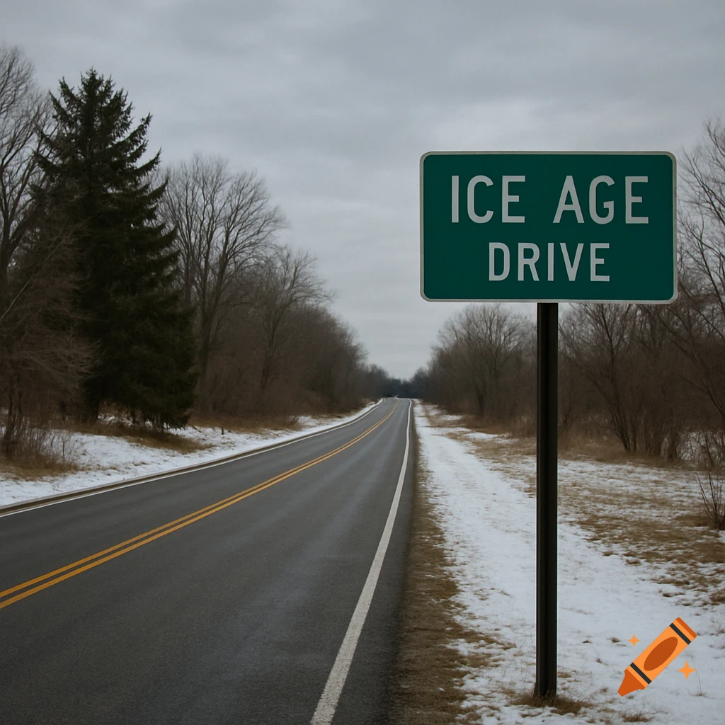 A road sign that reads ICE AGE DRIVE stands beside a winter road.