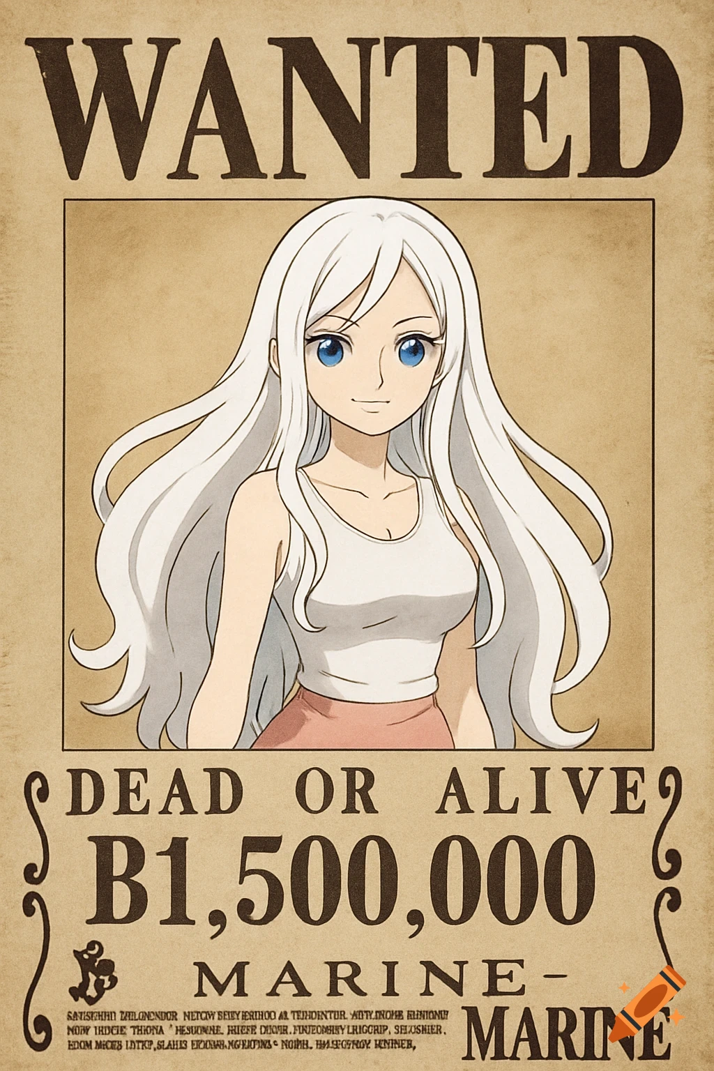 Anime drawing of a woman with white hair and blue eyes on a wanted poster.