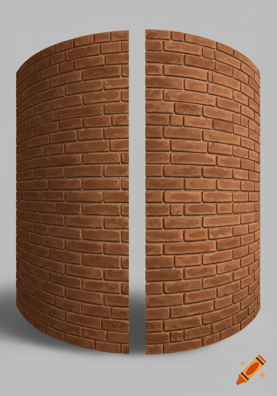 Two curved brick walls, one convex and one concave, on a grey background.