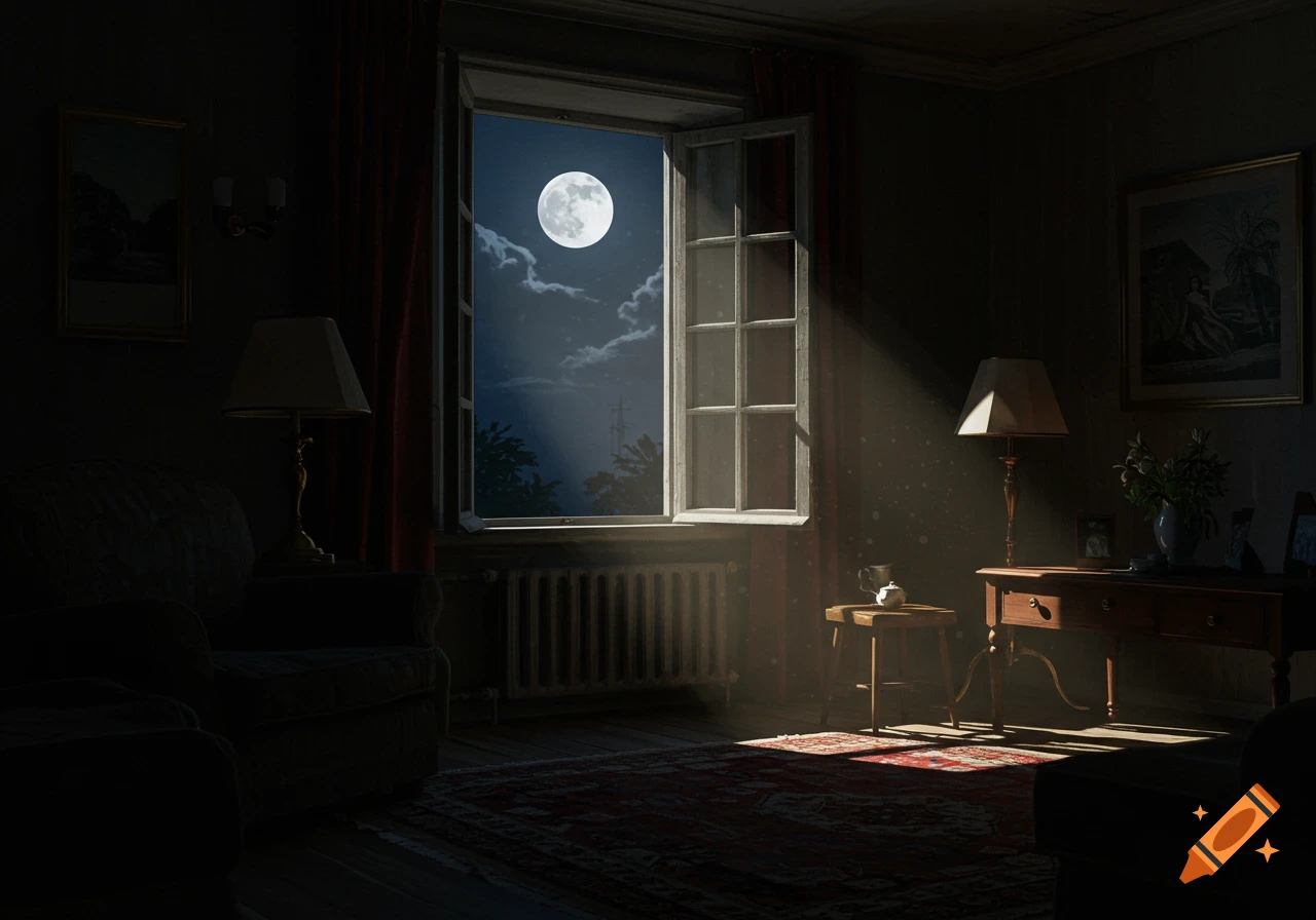 Dark room interior with moonlight streaming through an open window, illuminating a rug and furniture.