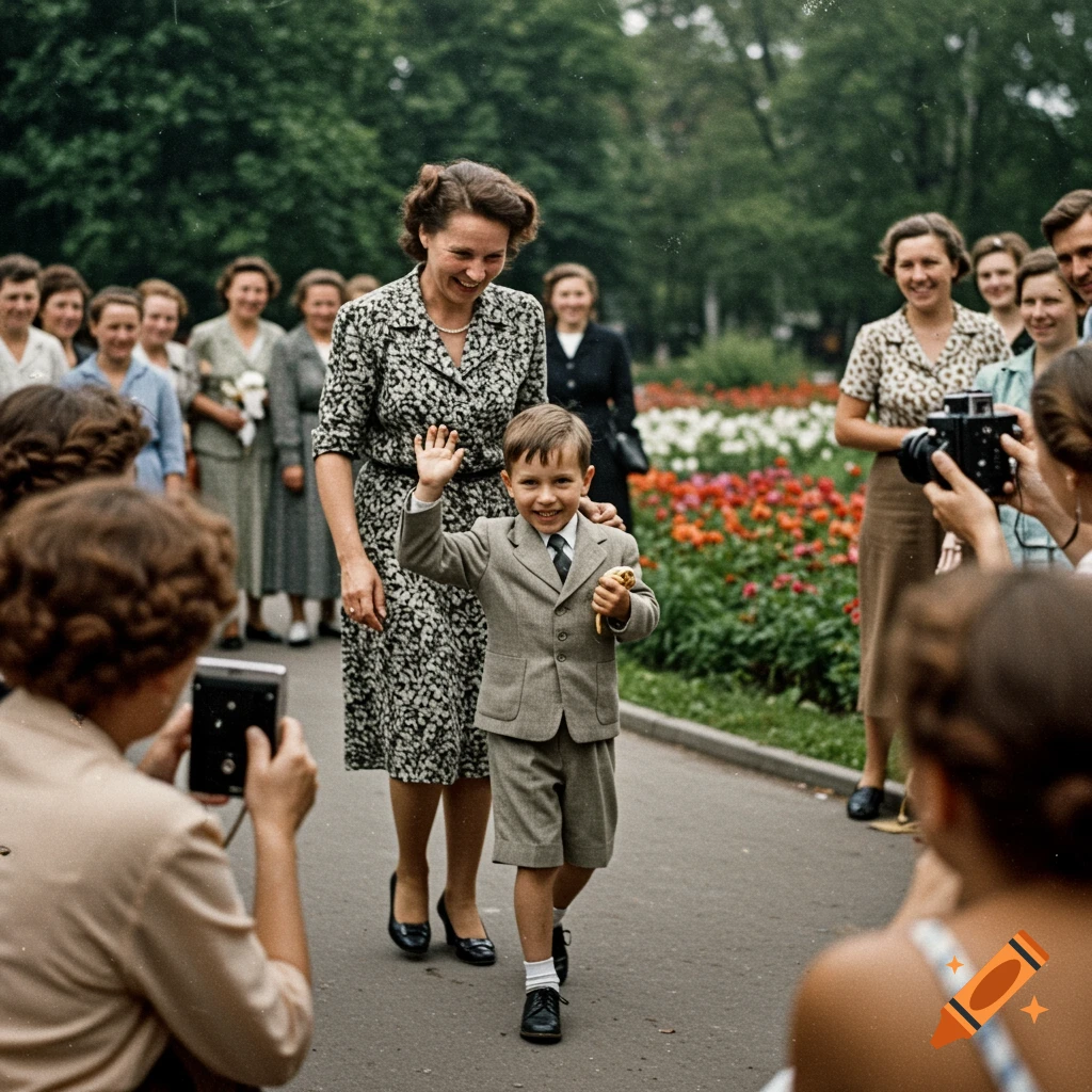 A mother and young son in vintage clothes wave to photographers in a park.