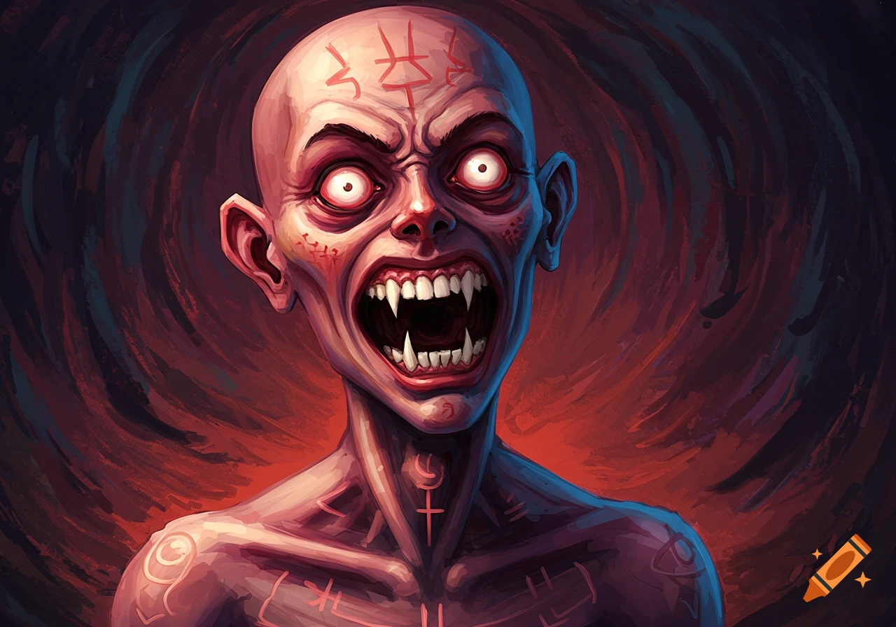 Close-up of a screaming bald creature with fangs and glowing eyes, covered in symbols.