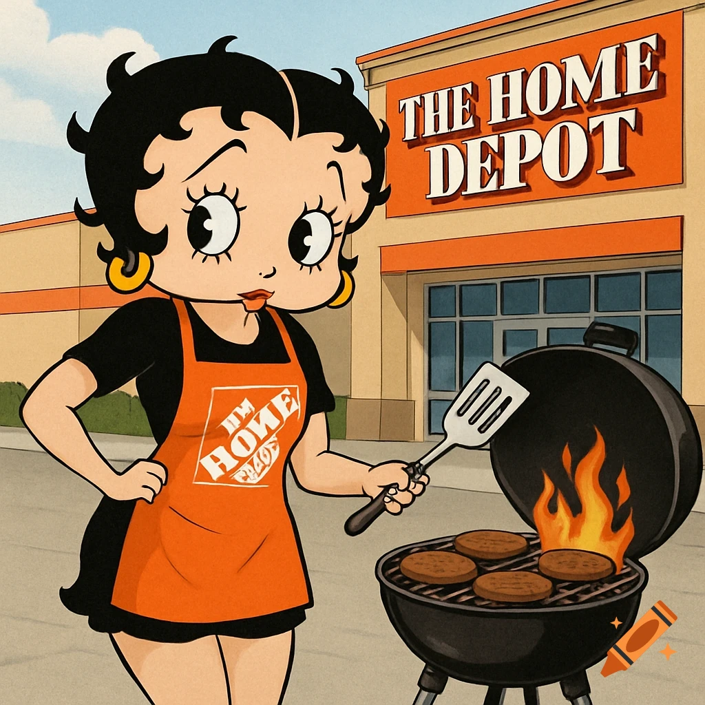 Betty Boop in a Home Depot apron grilling burgers in front of a Home Depot store.