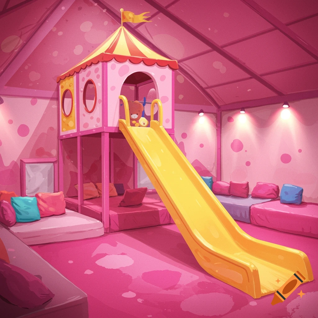 A vibrant pink indoor playroom with a yellow slide and beds.
