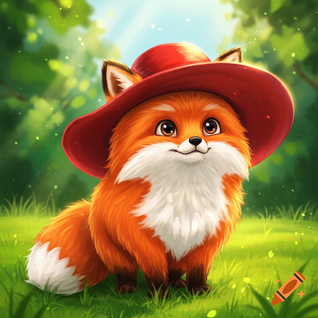 A cute cartoon fox wearing a red hat sits in a sunny forest.