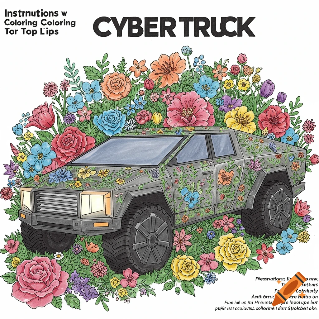 A Cybertruck surrounded by colorful flowers, drawn in the style of a coloring page.