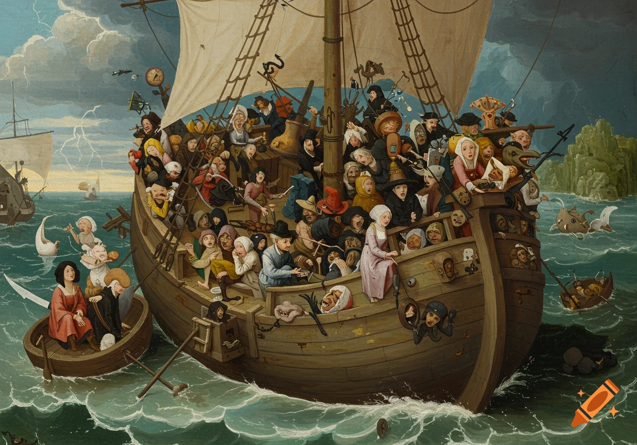 A crowded ship filled with strange figures and creatures sails on a rough sea, in a historical painting style.