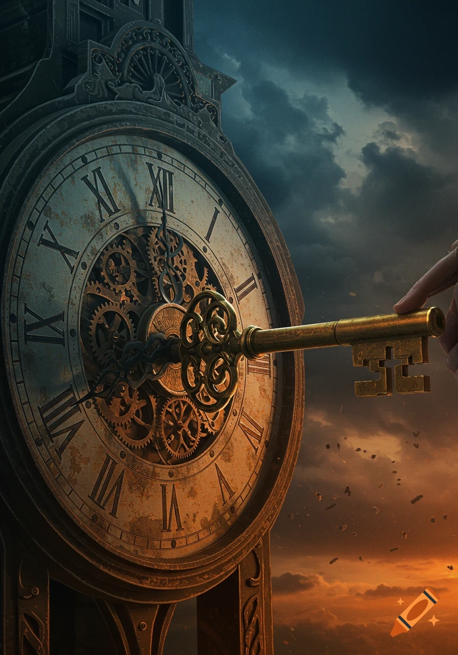 A hand inserts a large ornate key into the gears of a giant, weathered steampunk clock under a dramatic sky.