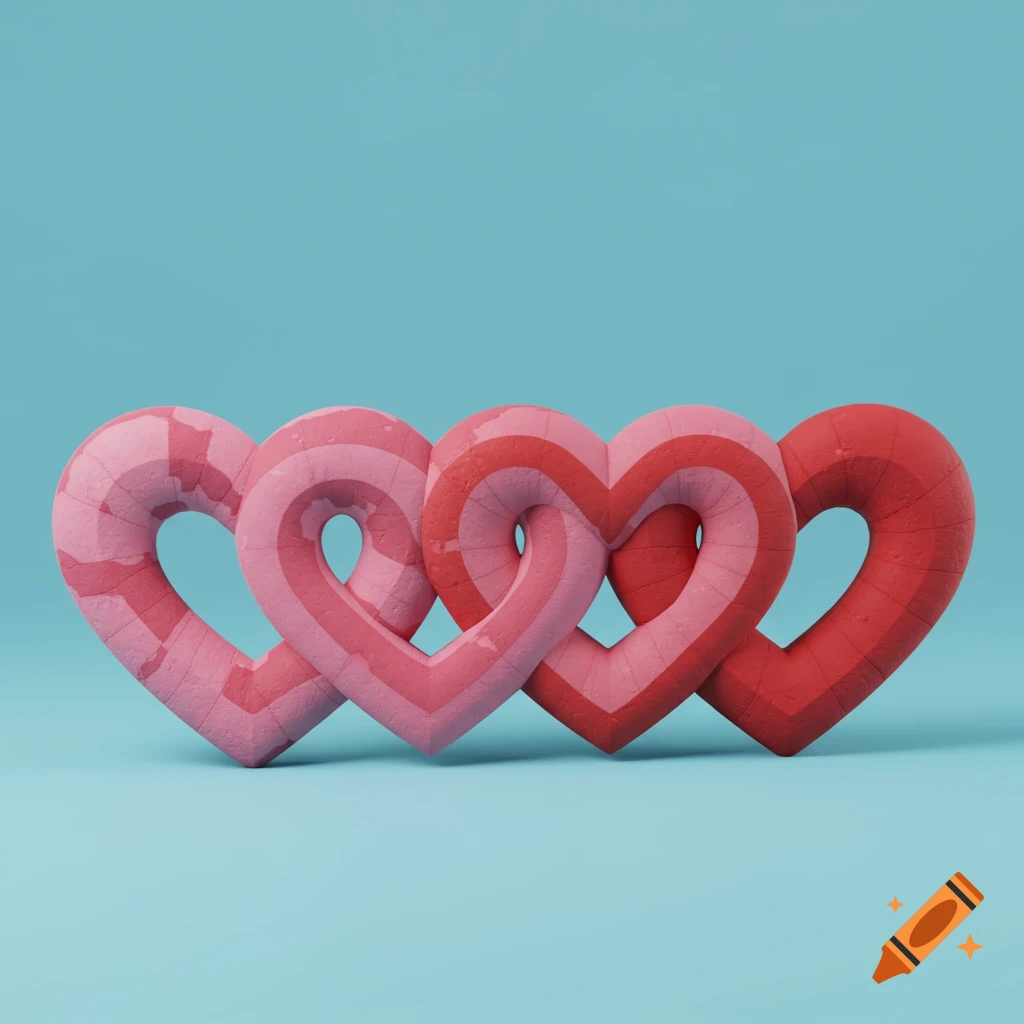Four interlocking pink and red heart shapes on a blue background.