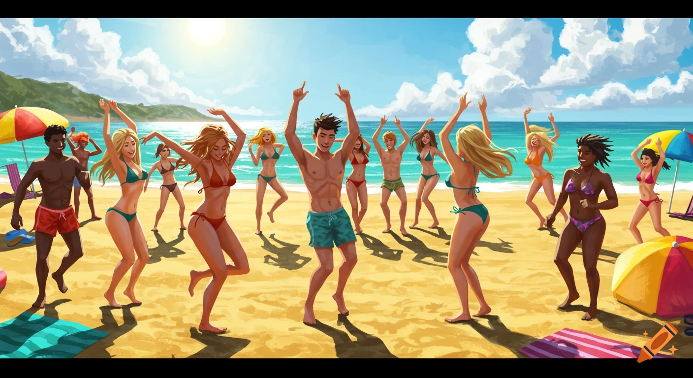 Stylized illustration of diverse people dancing on a sunny beach in swimsuits.