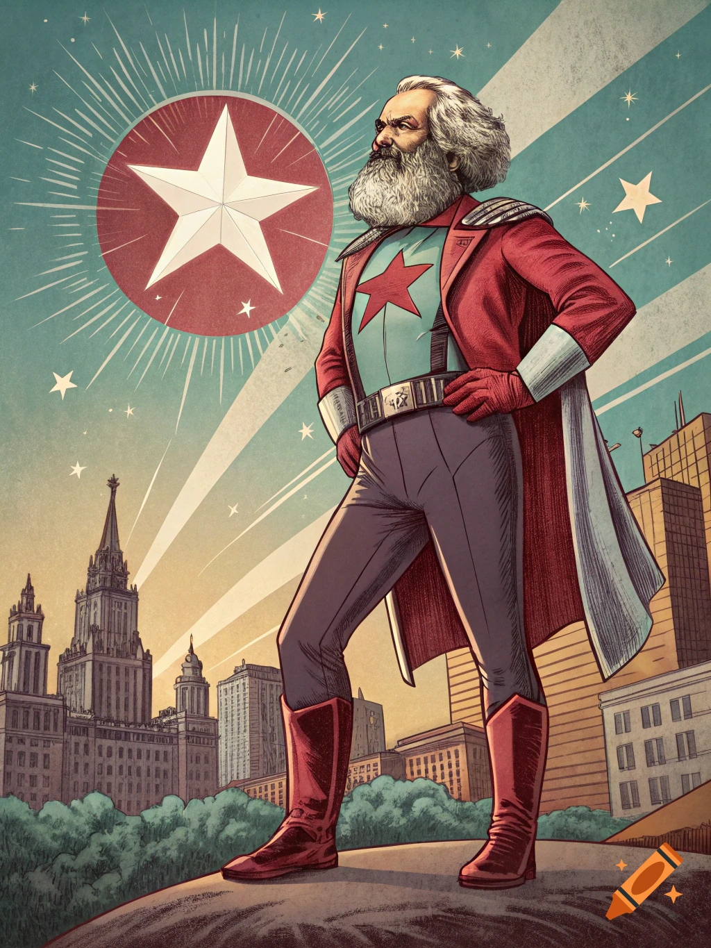 Vintage illustration of Karl Marx as a superhero with a cape, star emblem, and buildings in the background.