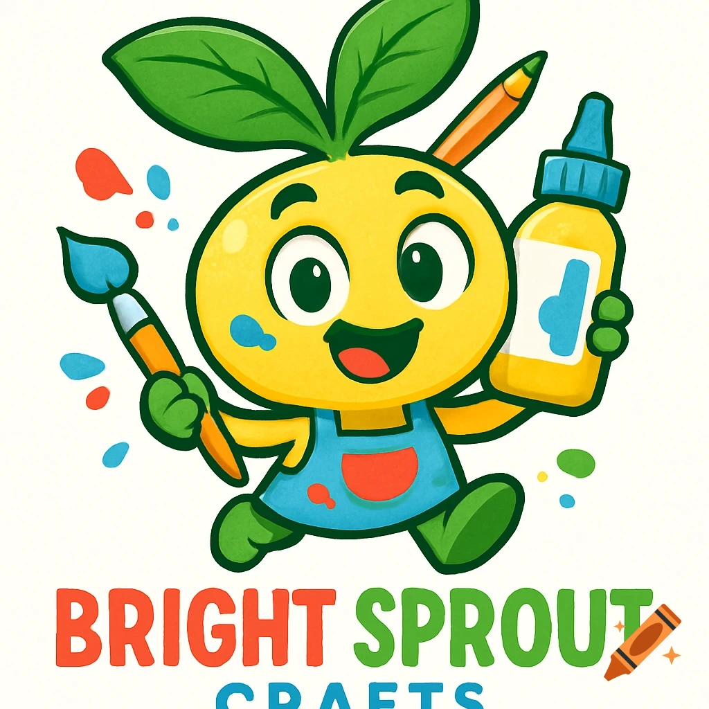 Cartoon sprout mascot character holding a paintbrush and glue bottle, with paint splatters.
